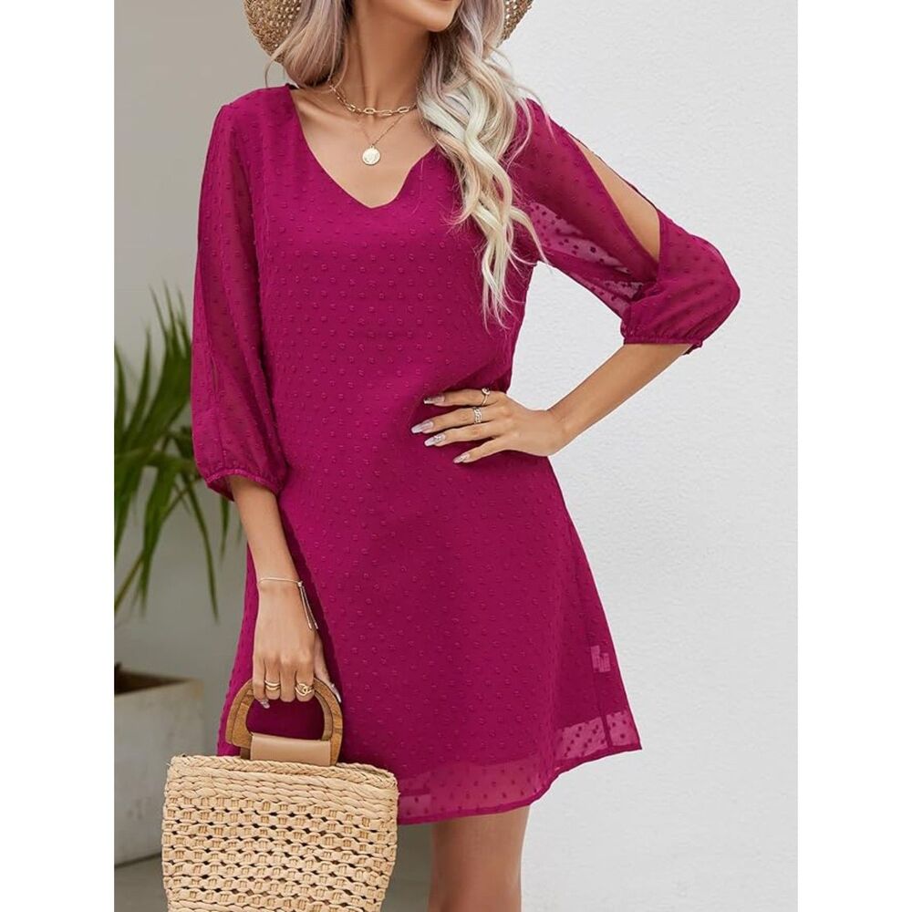 Yikomi Fushia Loose V Neck 3/4 Split Sleeve Flowy Shift Mini Party Dress Sz L